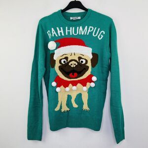 Imagin8 Men's Medium Ugly Christmas Sweater Bah Hum Pug Santa Hat 3D Balls NWT
